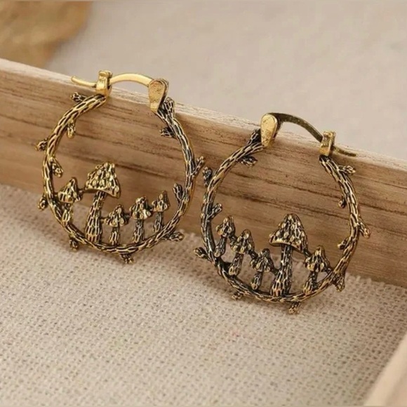 Mushroom Bohemian Copper Colored Hoop Earrings New - Picture 2 of 7